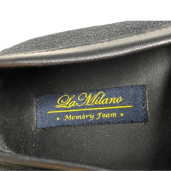 La Milano Black Leather Linen Silver Horse Bit Detail Slip On Loafer Size 9.5 - Picture 10 of 11